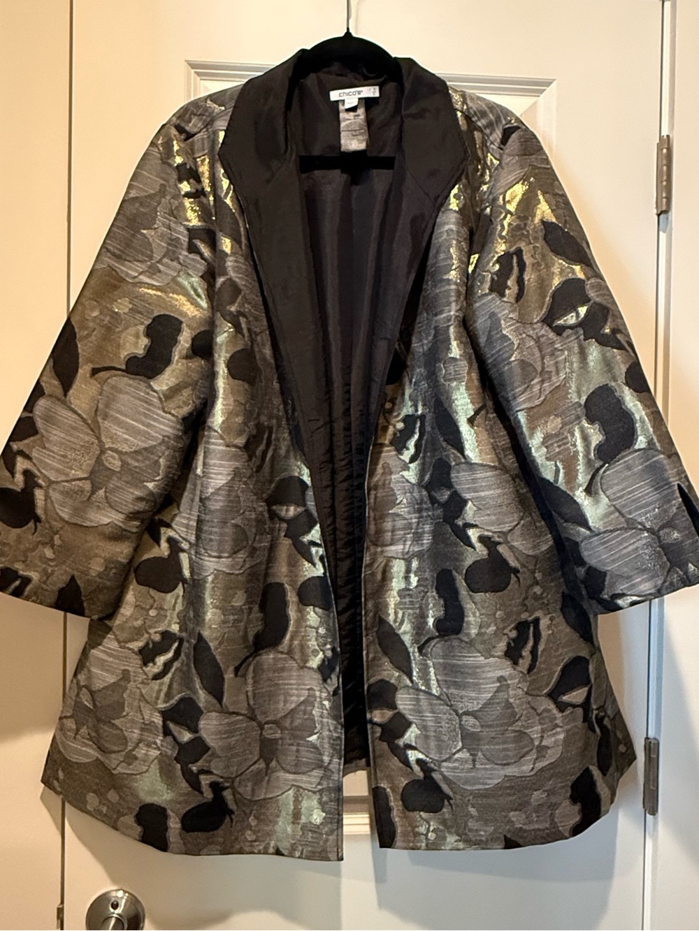 Chicos Sz 3 Long Statement Jacket Black Silver Gold Evening Coat Open Front XL